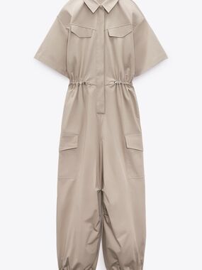 Zara Utility Short-Sleeve Jumpsuit in Beige